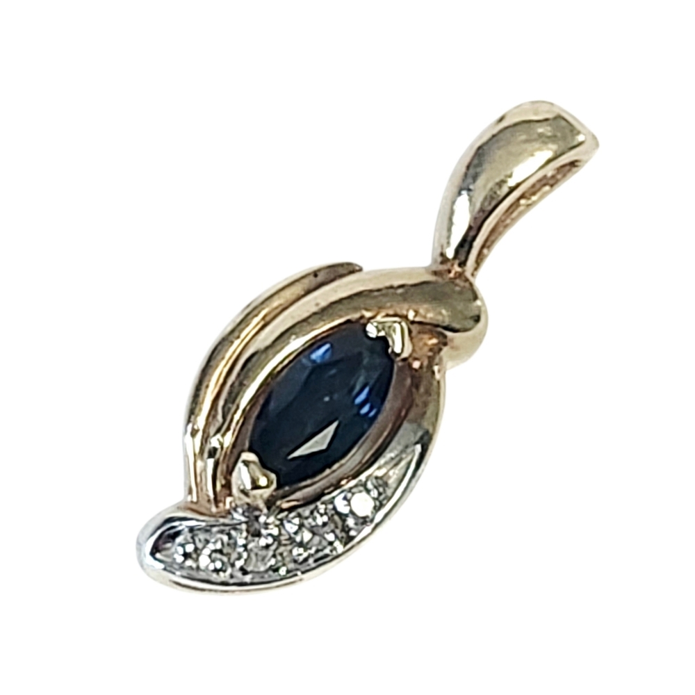 10K Sapphire Marquise & Diamond Yellow Gold Pendant - Picture 7 of 7